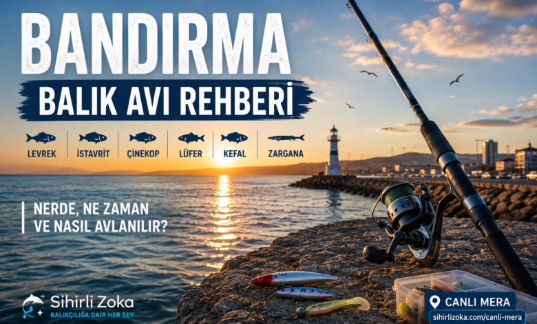 Bandırma balık avı rehberi. Gün batımında Bandırma mendireğinde spin kamışı ve balıkçılık ekipmanlarıyla hazırlanan kapak görseli.