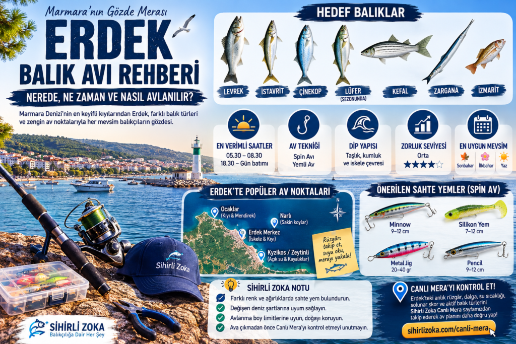 Erdek balık avı mera kartı. Erdek'te hedef balık türleri, av teknikleri, dip yapısı ve en verimli av saatlerini gösteren infografik.