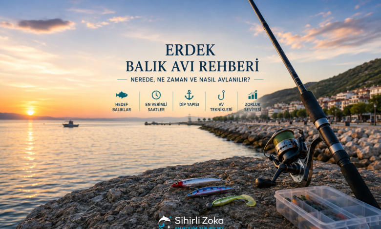 Erdek balık avı rehberi. Gün batımında Erdek sahilinde spin kamışı ve balıkçılık ekipmanlarıyla hazırlanan kapak görseli.