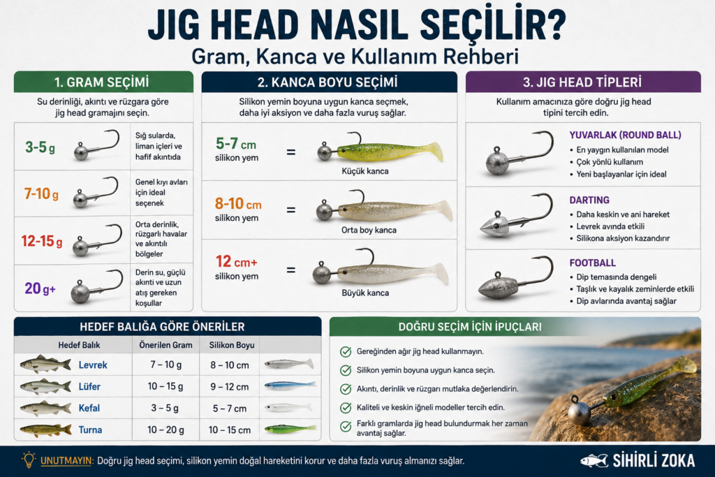 Jig Head nasıl seçilir rehberi için hazırlanan infografik. Jig head gram seçimi, kanca boyu, round ball, darting ve football jig head tipleri, silikon yem uyumu ve levrek, lüfer, kefal ile turna avı için önerilen gram aralıklarını görsel olarak açıklamaktadır.