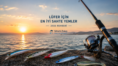 Lüfer için en iyi sahte yemler rehberi. Gün batımında spin kamışı ve farklı sahte yemlerle hazırlanan kapak görseli.