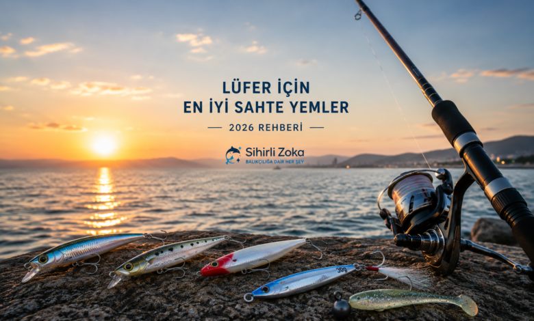 Lüfer için en iyi sahte yemler rehberi. Gün batımında spin kamışı ve farklı sahte yemlerle hazırlanan kapak görseli.