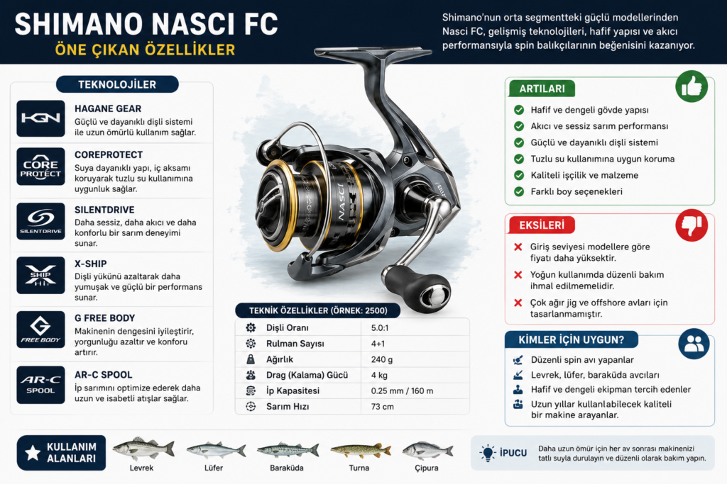 Shimano Nasci FC inceleme yazısı için hazırlanan infografik. Hagane Gear, CoreProtect, SilentDrive, X-Ship ve G Free Body teknolojileri ile Shimano Nasci FC spin makinesinin öne çıkan özellikleri, artıları, kullanım alanları ve hangi balıkçılar için uygun olduğu görsel olarak açıklanmaktadır.