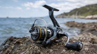 Shimano Nasci FC inceleme görseli. Kayalık kıyıda konumlandırılmış Shimano Nasci FC spin olta makinesi.