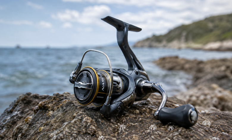 Shimano Nasci FC inceleme görseli. Kayalık kıyıda konumlandırılmış Shimano Nasci FC spin olta makinesi.