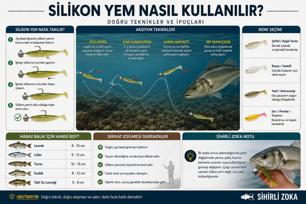 Silikon yem nasıl kullanılır rehberi için hazırlanan infografik. Silikon yemin jig head üzerine doğru takılması, çekiş teknikleri, renk seçimi, hedef balıklara göre silikon yem boyları ve silikon yem kullanırken dikkat edilmesi gereken noktalar görsel olarak açıklanmaktadır.