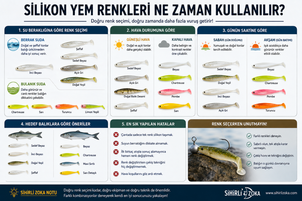 Silikon yem renkleri rehberi. Berrak ve bulanık suda, güneşli ve kapalı havalarda kullanılabilecek silikon yem renklerini gösteren infografik.
