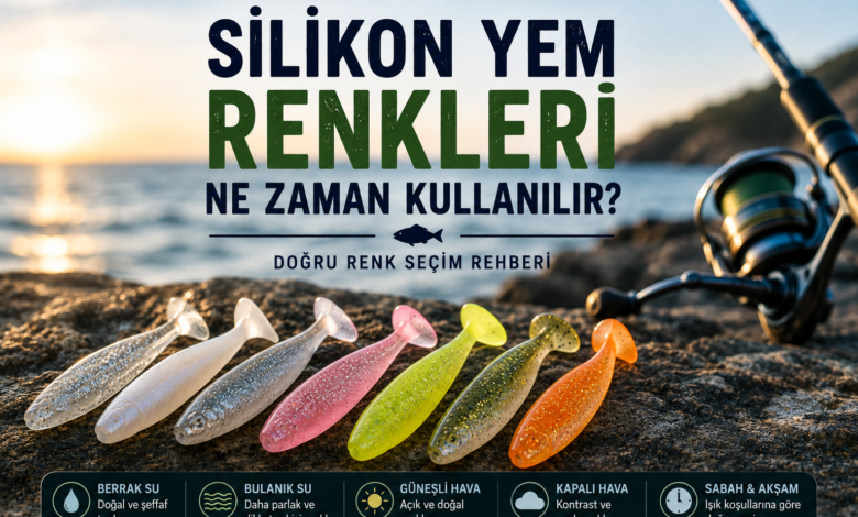 Silikon yem renkleri rehberi. Farklı renklerde silikon yemler ve spin makinesi ile hazırlanan balıkçılık kapak görseli.