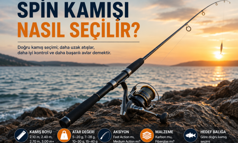 Spin kamışı nasıl seçilir? Kıyıda spin kamışı ve olta makinesi ile hazırlanan rehber görseli.