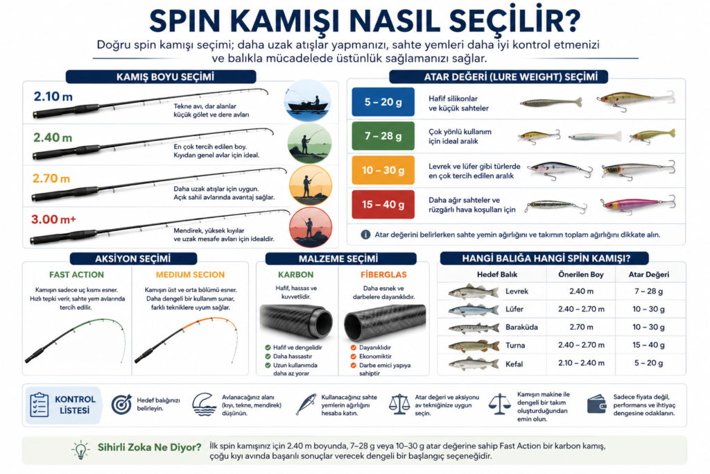 Spin kamışı seçimi için hazırlanan infografik. Kamış boyları (2.10 m, 2.40 m, 2.70 m ve 3.00 m+), atar değerleri, Fast Action ve Medium Action aksiyon tipleri, karbon ve fiberglas malzemelerin özellikleri ile farklı balık türleri için önerilen spin kamışı seçimlerini görsel olarak açıklamaktadır.